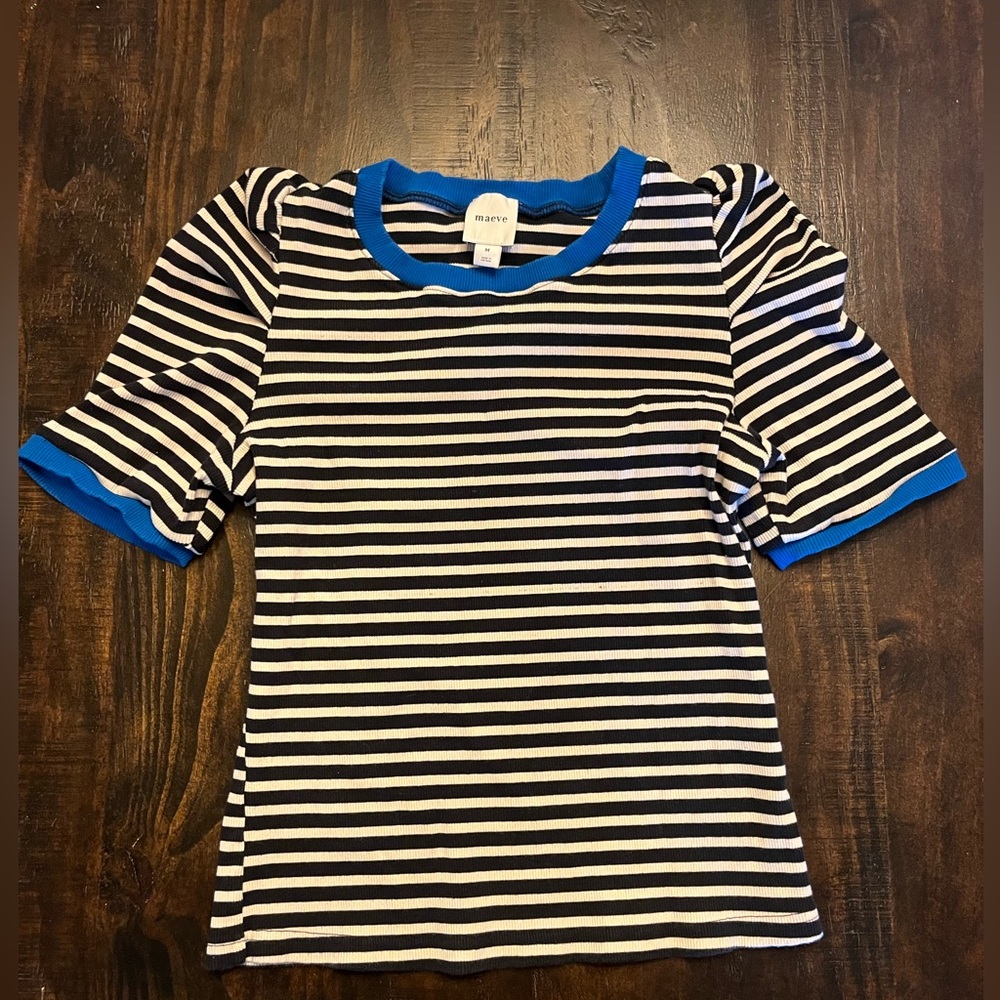 Maeve Black and White Striped Top with Blue Trim